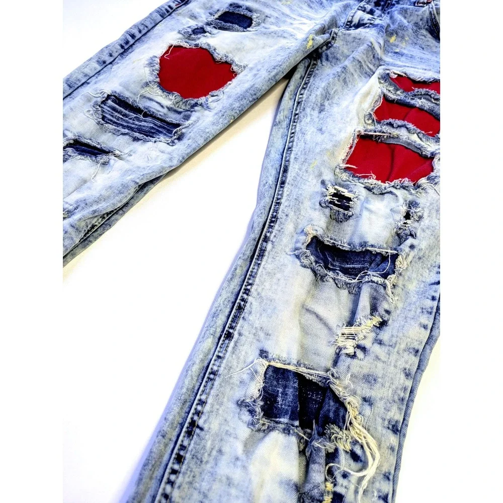 Makobi Men's Acid Wash Distressed Red Ripped Patch Jeans M1773 Blue 38x32 - Picture 3 of 8